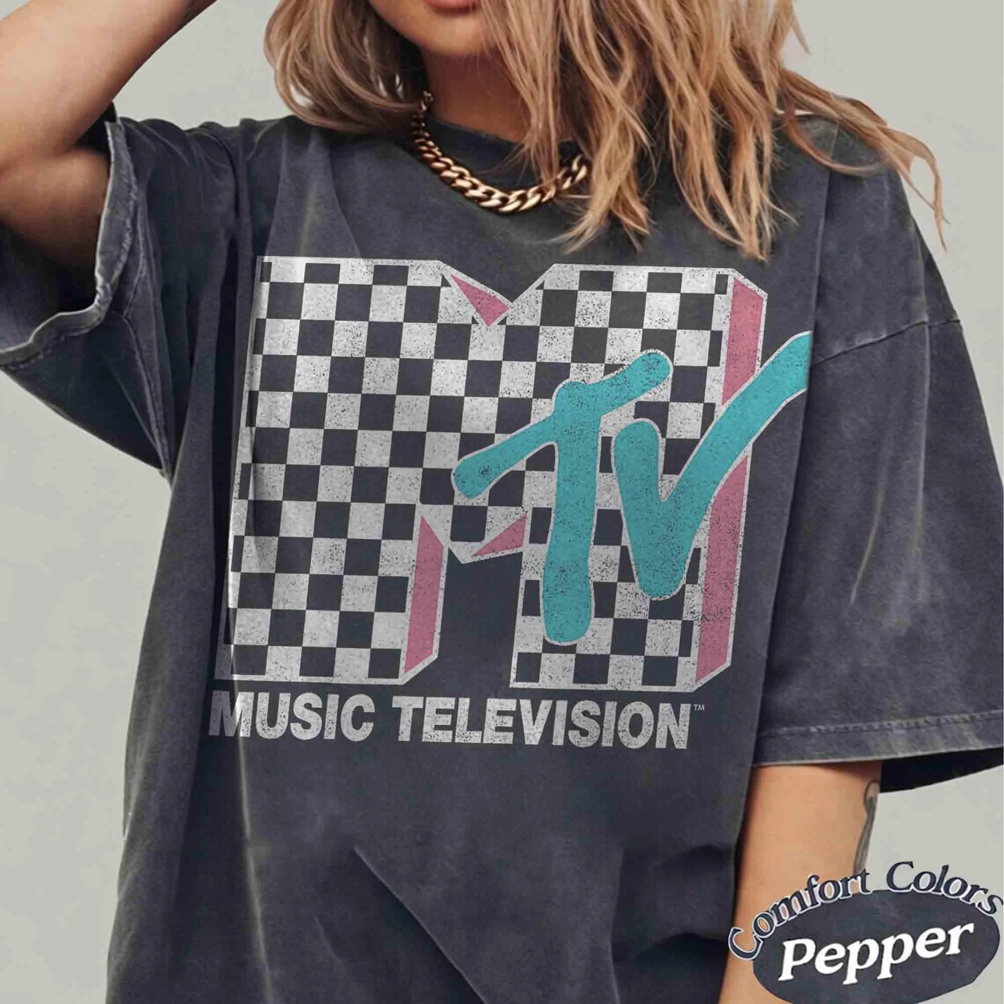MTV Neon Distressed Checkered Logo Graphic Shirt, Retro 80s 90s MTV Family Matching Tee