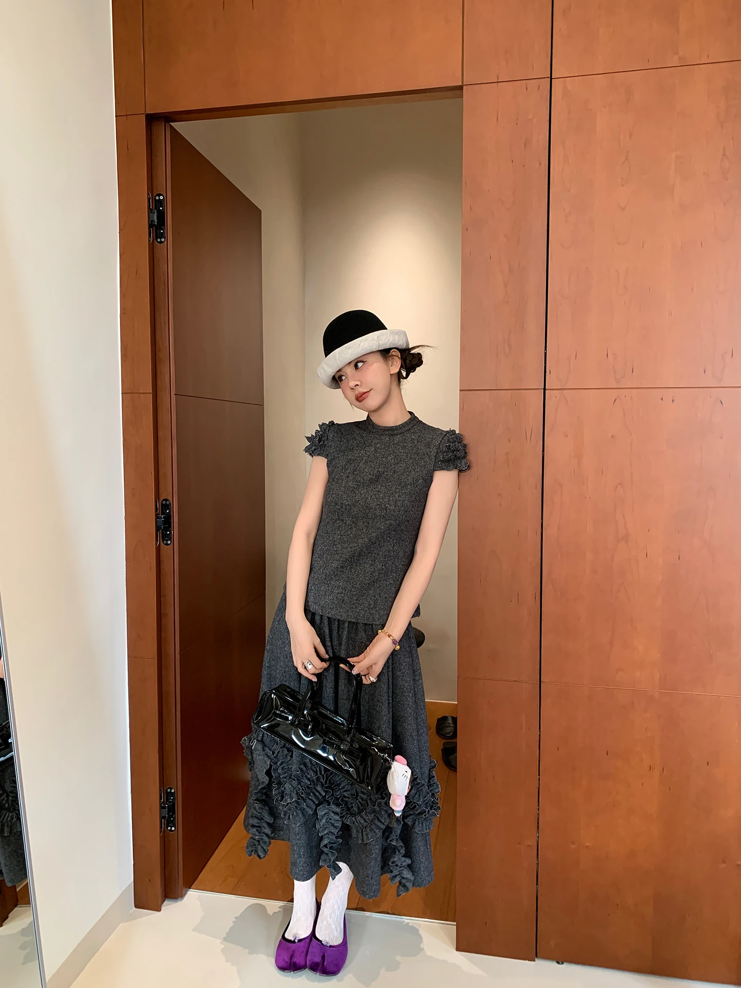 

Le Rouge Vintage Woolen ort Sve Ruffle Skirt Suit Women's Faion Set High Waist Pure Color Commute Sle Winter Wear