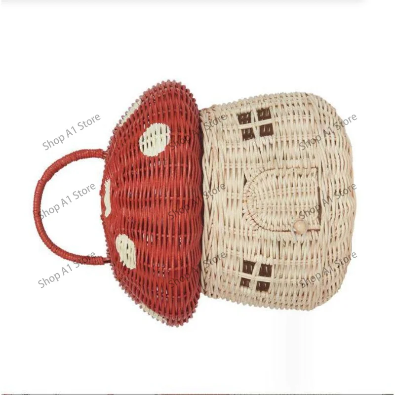 Handmade Rattan Mushroom-Shaped Storage Basket- Cute Handmade Handcrafted Gift Decoration Artwork Rattan, Red