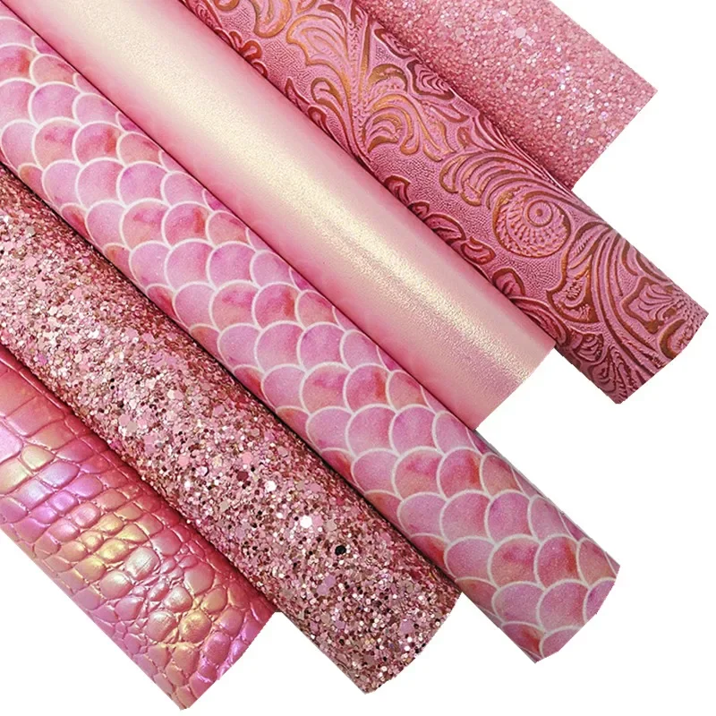 Pink Glitter Leather Sheets Mermaid Floral Crocodile Pattern Synthetic Leather Shimmer Faux Vinyl for DIY Craft 8.2