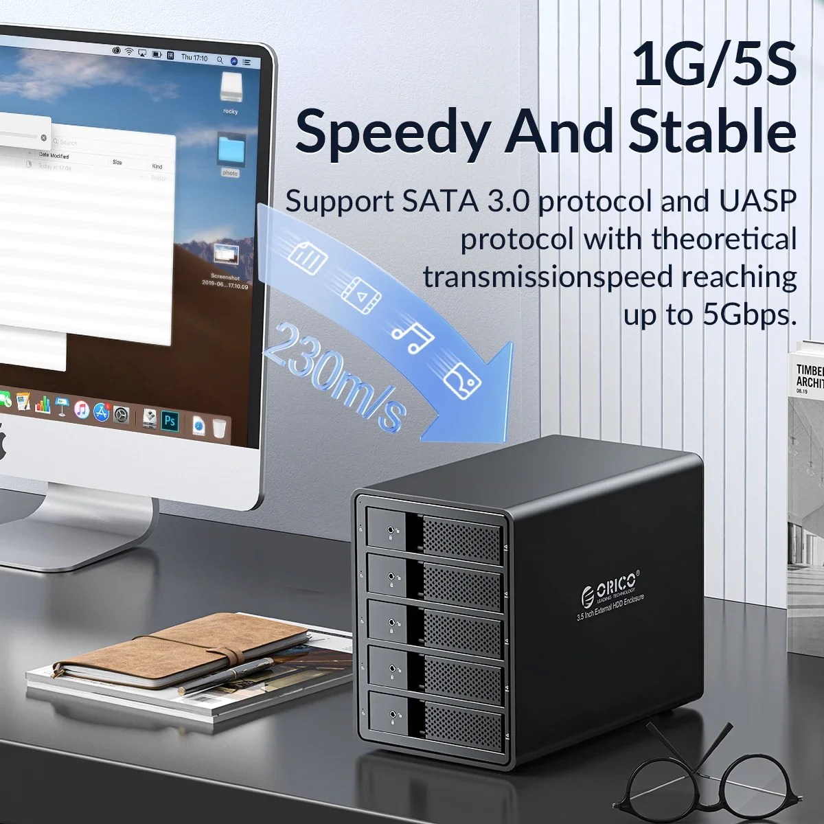 ORICO 5 Bay Hard Drive Docking Station for 3.5 Inch External Hard Drive Box Aluminum With Raid HDD Enclosure 150W Internal Power