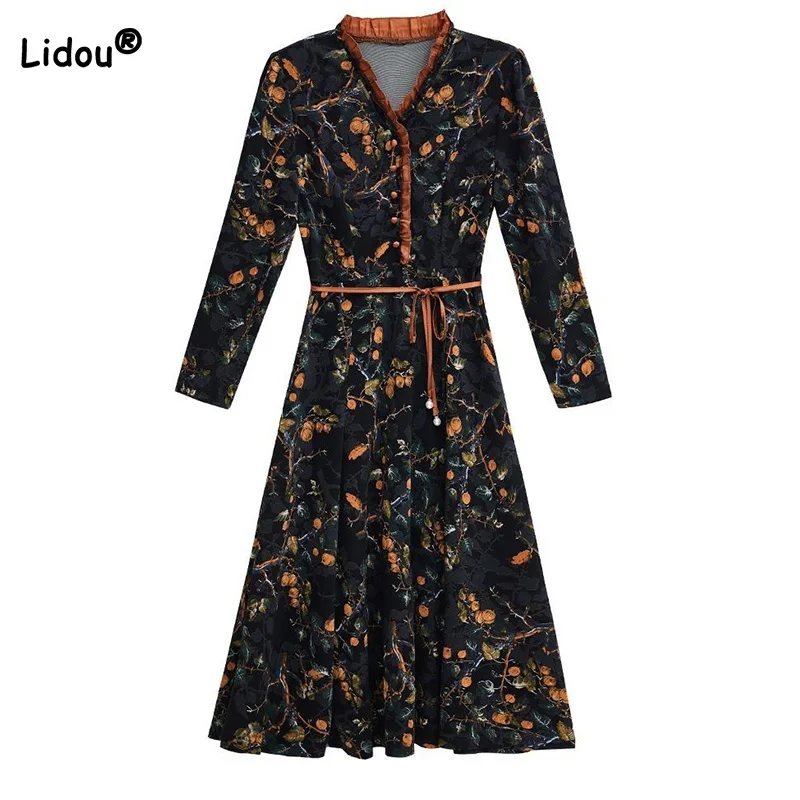 Elegant Chic Stringy Selvedge Patchwork V-Neck Lacing Long Sleeve Spring Autumn Clothes Fragmented Floral Print Dress for Women