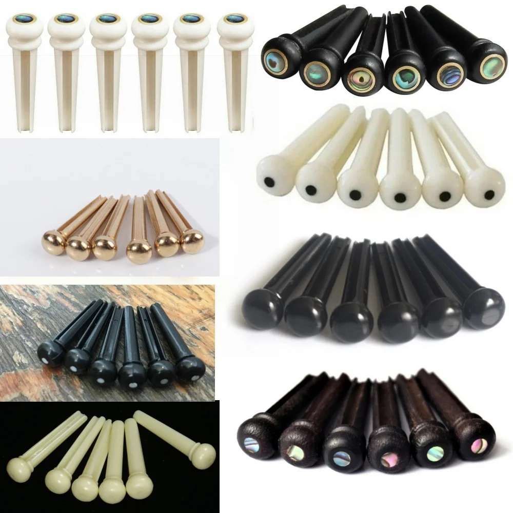 Acoustic Guitar Bone/Plastic Bridge Pins with Abalone Dot Brass Circle Skirt Set of 6