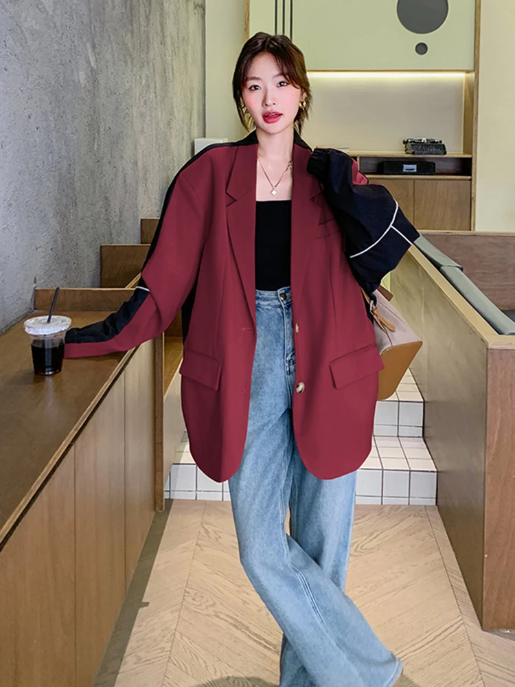 Lanmrem Color Blocking Spleißen Blazer für Frauen gekerbten Kragen Einreiher Mode jacke 2024 Herbst neue Frau 2 da8983