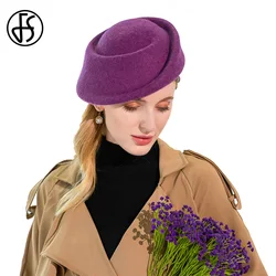 FS 2024 Small Top Hats For Women Elegant Vintage Purple Beret Wool Felt Fedoras Fascinator Luxury Wedding And Church Cap Female