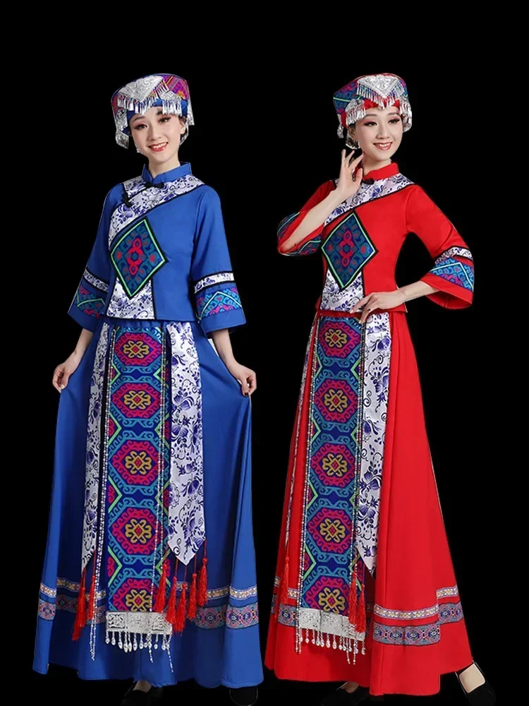 Tujia women Xiangxi adult long ornaments Miao and Yi performance costumes dance costumes three-piece set