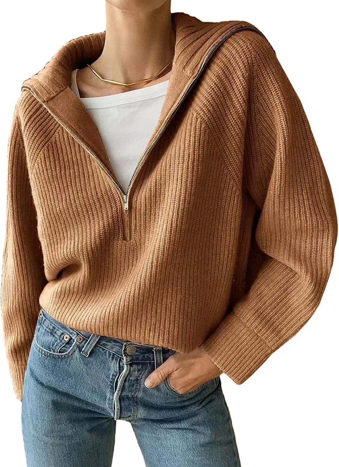 Knitted Jumpers Zippers Spliced Sexy Turn Down Collar Sweater Solid Long Sleeve High Street Women Pullovers Loose Autumn