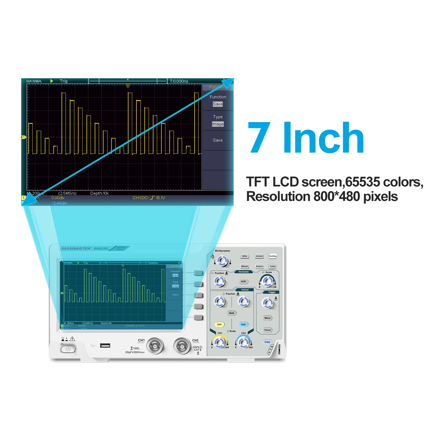 Hanmatek Digital Oscilloscope 2 Channels 200MhZ Bandwidth 1000MS/s Sampling Rate 7-inch TFT Storage Desktop Oscilloscope