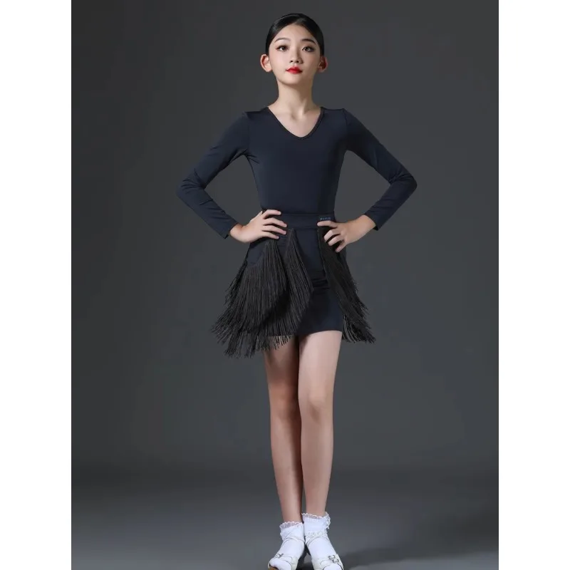 New Children's Latin Dance Set Long sleeved Top Fringe Skirt Performance Clothing Children's Practice Performance