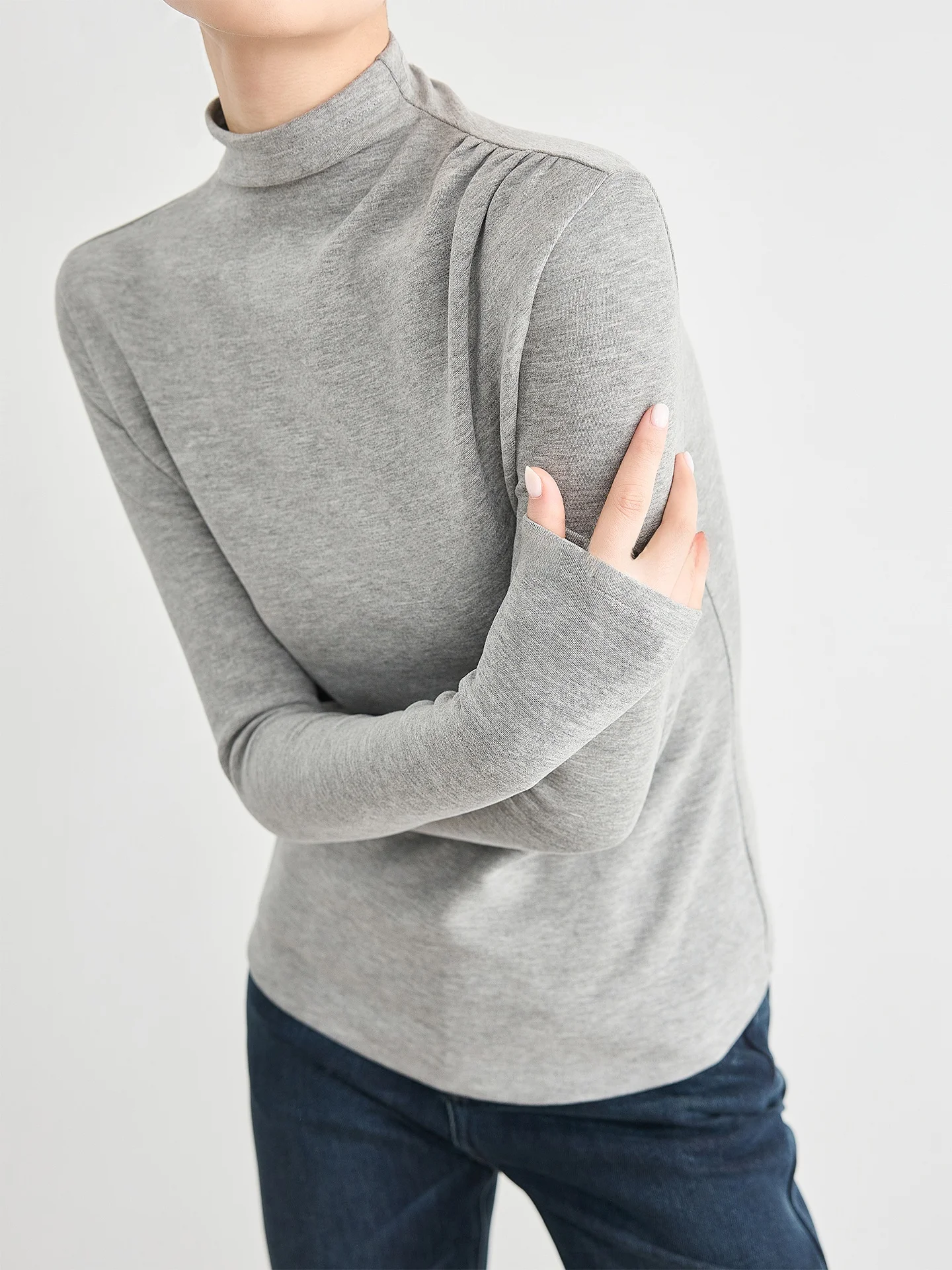 

FALIN Women's Slim Fit Base irt Pure Color Waist-Cinching High Ne ey Winter Sle Commute Faion Korean Version