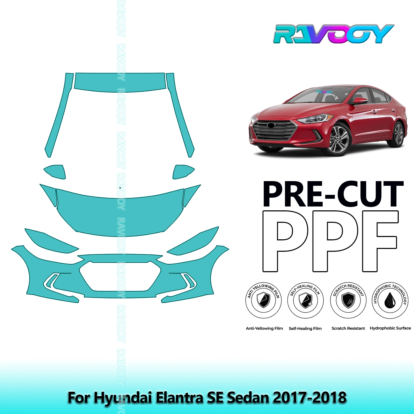 For Hyundai Elantra SE Sedan 2017-2018 Partial Front 8.5Mil Pre-Cut Paint Protection Film PPF Stone Chip Kit | Clear/Matte/Black