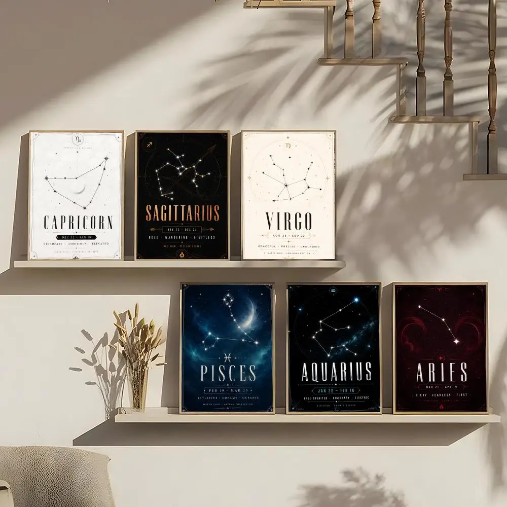 Cosmic Zodiac Painting Calligraphy Minimalist Canvas Wall Art, Waterproof Fade-proof Gallery Decor For Living Room