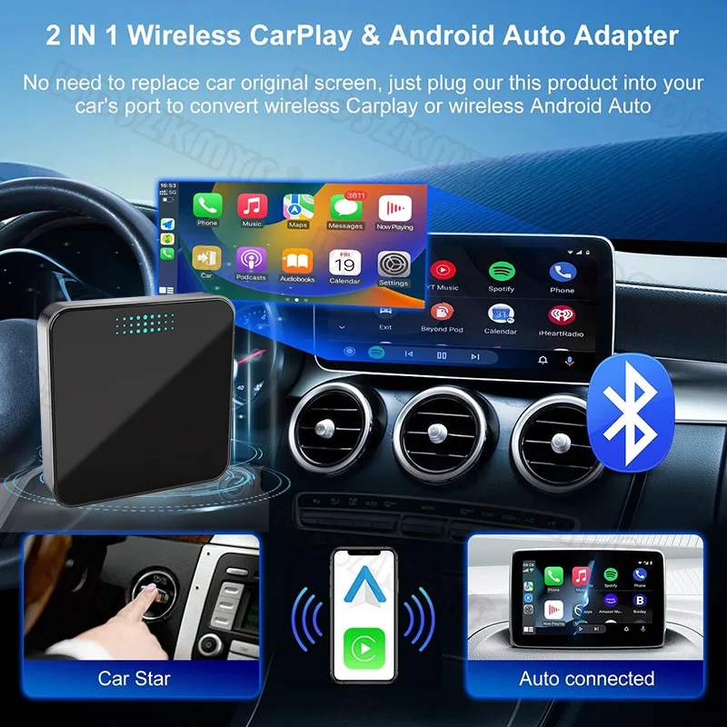 2in1 Carplay Box Wireless Carplay Android Auto Wired To Wireless Adapter USB/TypeC Auto-Connect For Car Radio with Wired CarPlay