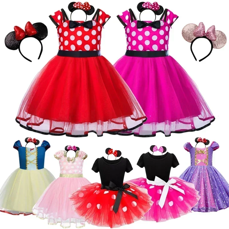 2024 Girl Dress Kids Toddler Mickey Minnie Mouse Daisy Cartoon Puff Sleeve Clothes Backless Cute Frozen Elsa Princess Costume