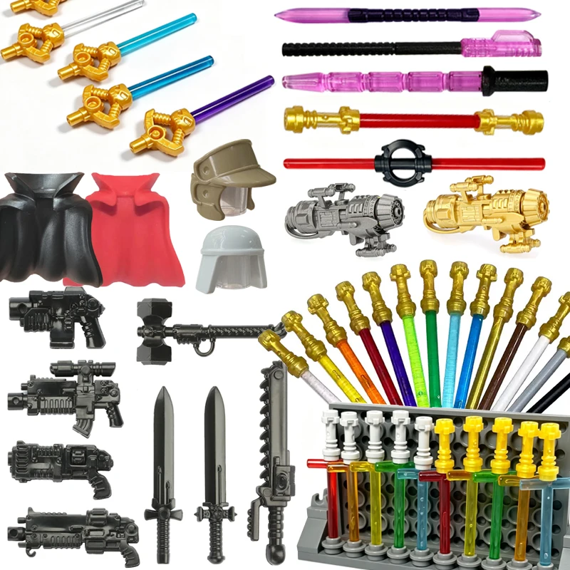 MOC Armes de Guerre Militaires Blocs de Construction Accessoires Figurines de Film Soldat Pistolet Épée Sabre Laser Cape Casque DIY Jouet en Briques pour Enfant E11