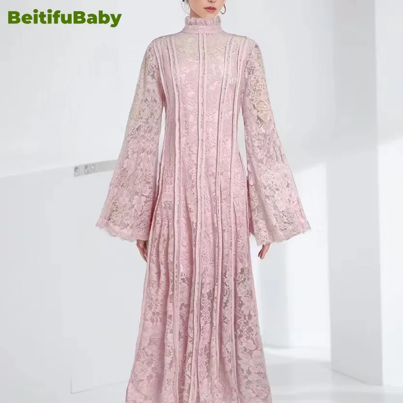 BeitifuBaby Vintage Women's  Evening Party Dress Stand Up Collar Flared Sleeve Lace Patchwork Waist Length Dresses for Women