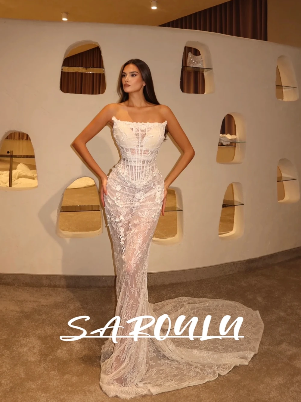 

Chic Corset Bodice Floral Evening Dress Sexy Illusion Strapless Lace Mermaid Customized Gorgeous Fairytale Wedding Party Gown