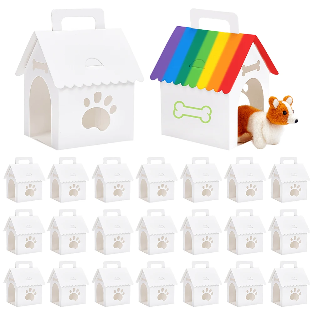 26pcs White Cardboard Dog House Party Favor Boxes 4x4.7x7 inch Pet Adoption Theme Gift Boxes with Handle Crafting Square Windows