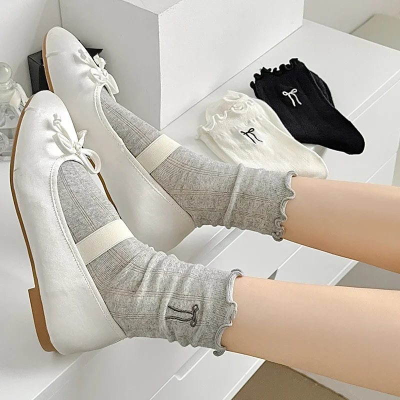 3 Pairs/Lot Woman Socks Set New Fashion Solid Color Embroidery Socks Bow Simple Style Breathable Frilly Ruffle Socks Girls Thin