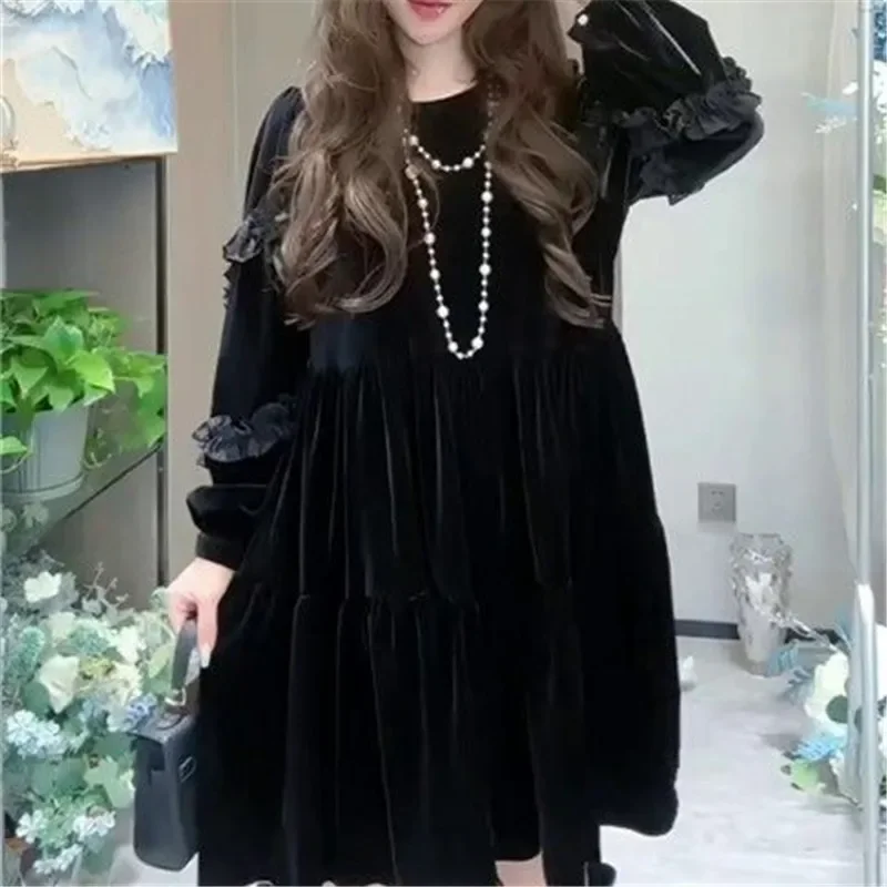 女性のための黒いフラウンスドレス,背中にリボンが付いたイブニングドレス,大きなスイング,ゆったりとした婦人服,新しいファッションデザイン