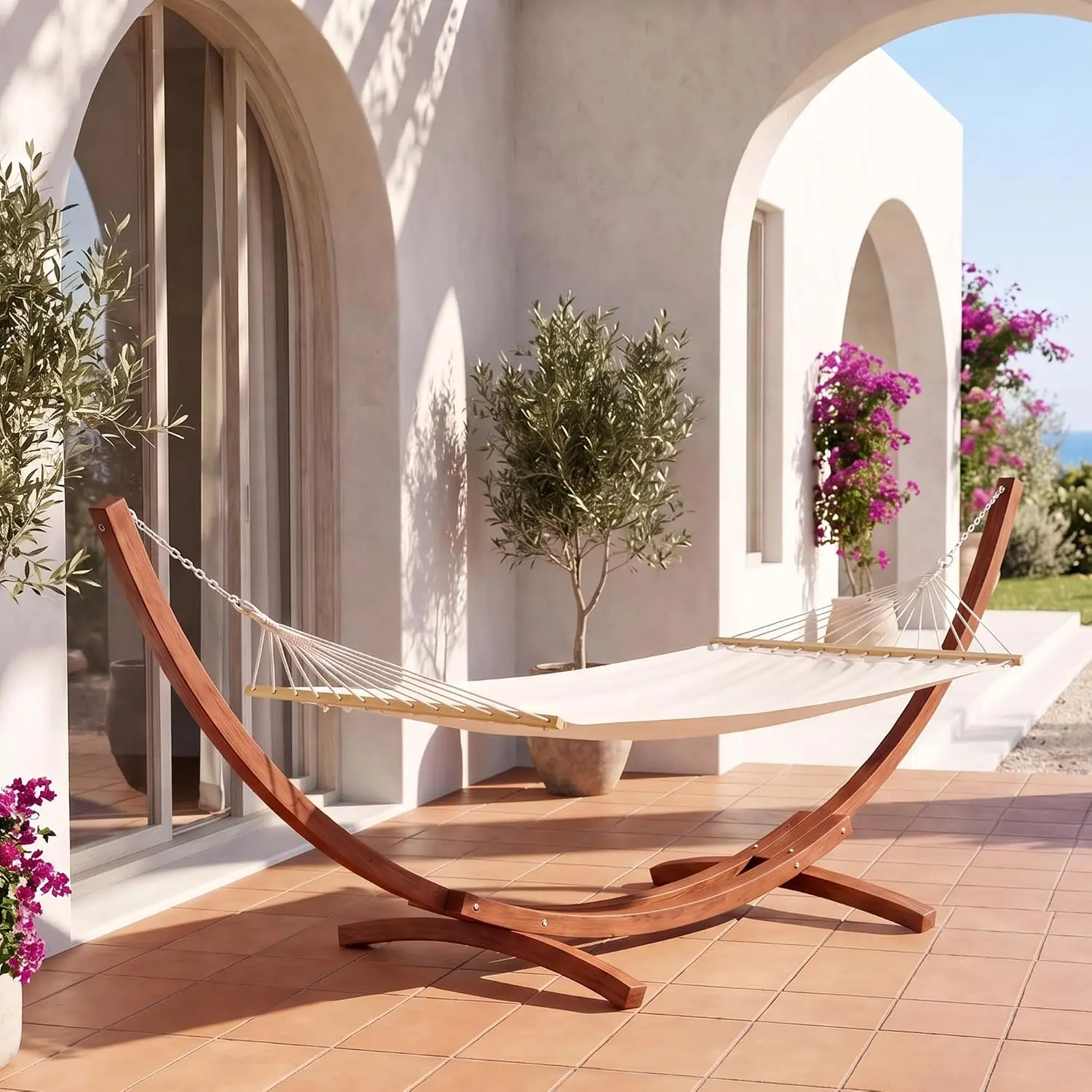 Outdoor 2-Person Heavy Duty Hammock and Wooden Stand, 13 FT Double Hammock with Wood Stand for Backyard, Balcony, Porch, Patio and Garden, 550 lbs Capacity, White