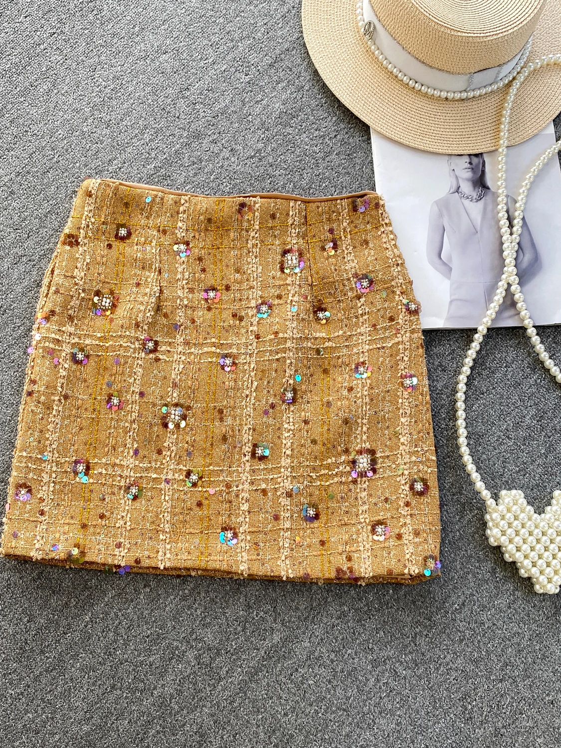 Ele Heavy Embellied Sequin Tweed Slim Fit Damenrock Luxus SLE High Waist Ballkleidrock mit