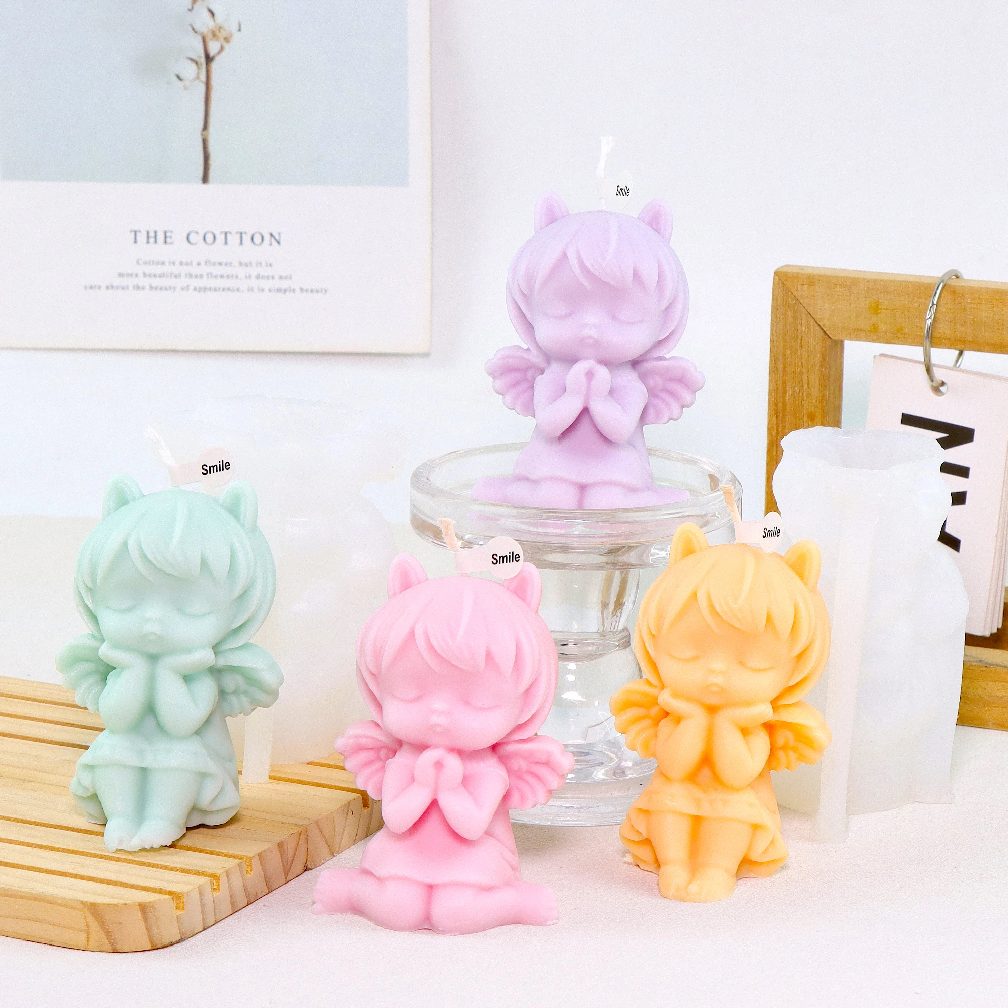 Cute Baby Girl Angel Silicone Candle Mold, 3D Wings Cat Ear Wax Mould for DIY Resin Plaster Craft Gift