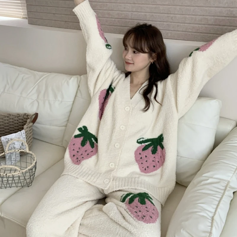 

2026 Seasonal Hot Selling New Item Warm Strawberry Pattern Knitted Long Sleeved Top and Pants Two-piece Set for Women