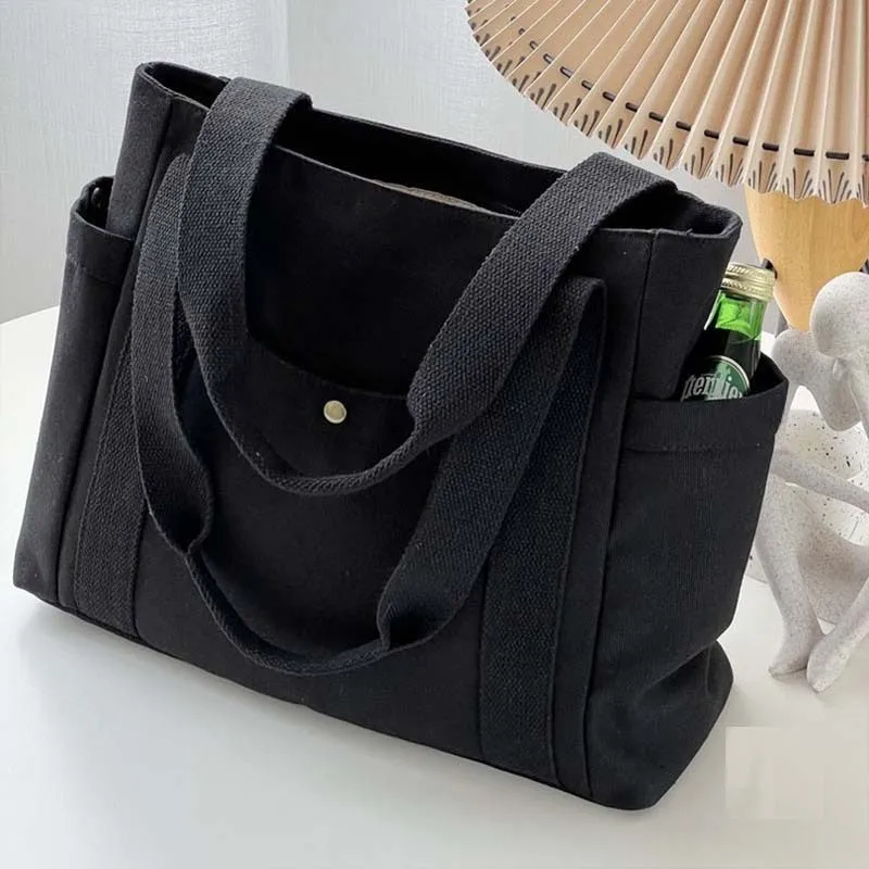 Solid Color Canvas Tote Bag Casual Versatile Handbag For Commuter Work Student Class Underarm Bag Women Portable Shopping Bag