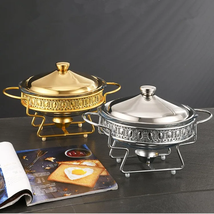 Deluxe Gold/Stainless Steel Color Hot Pot Buffet 2.0L Glass Buffet Hot Pot Food Heater