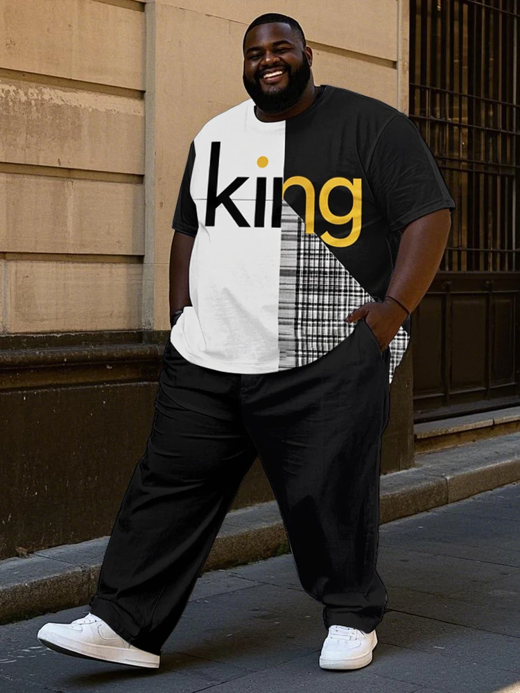 Biggmans Loose Letter King Tops And Pants Outfits Men Street Wear Plus Size Two Piece Suit Male 7XL 8XL 9XL Casual Black Set New