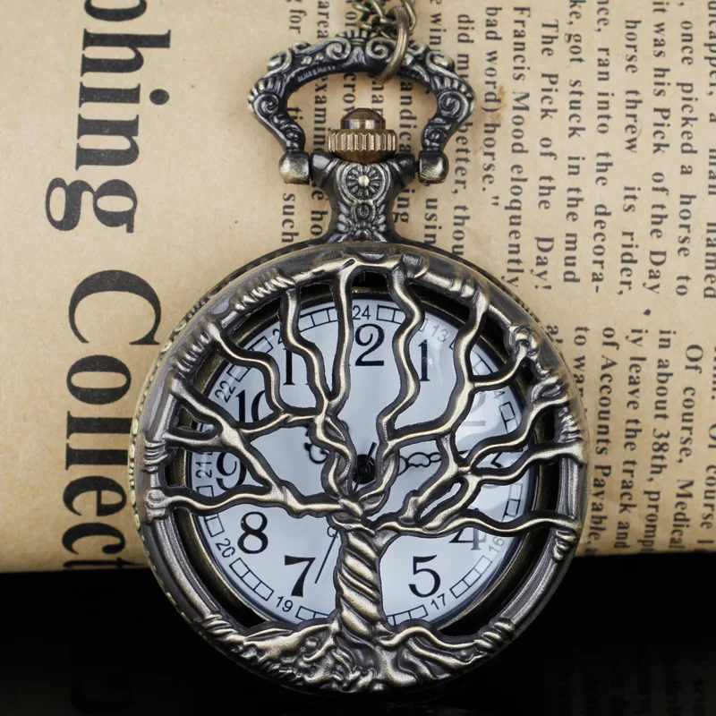 Steampunk Retro Bronze Hollow Tree of Life Quartz Pocket Watch with Fob Chain Women Men Watch Pendant Necklace ExquisiteGift