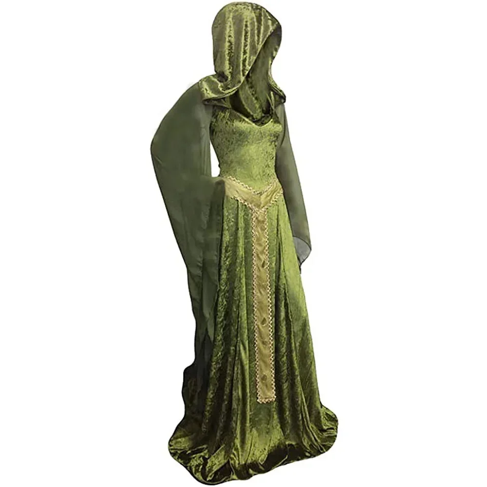 

CosplayHalloween Women Disguise Medieval Lace-Up Vintage Hooded Green Black Robe Retro Dress Renaissance Costume Cosplay Maxi Dr