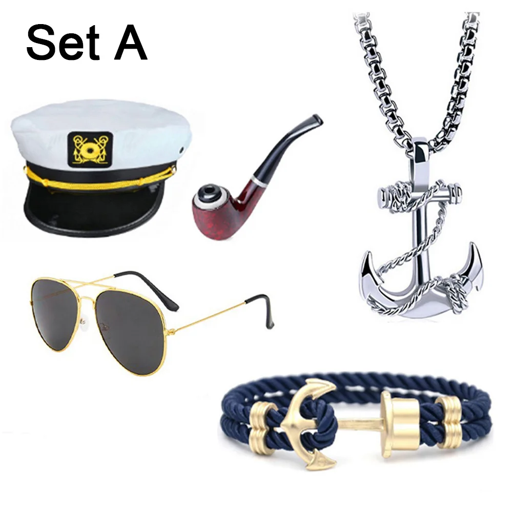 Sailor Cosplay Costume Acessórios para Adultos, Shipmaster Cap, Luvas, óculos de sol, Cachimbo, Fantasia, Fancy Party Props, Homens Adultos, Atacado