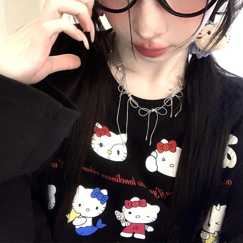 Sanrio Hello Kitty Y2k Sweet Spicy Girl Style Tees Trendy Cute Round Neck Long Sleeved T-shirt Korean Version Loose Slimming Top