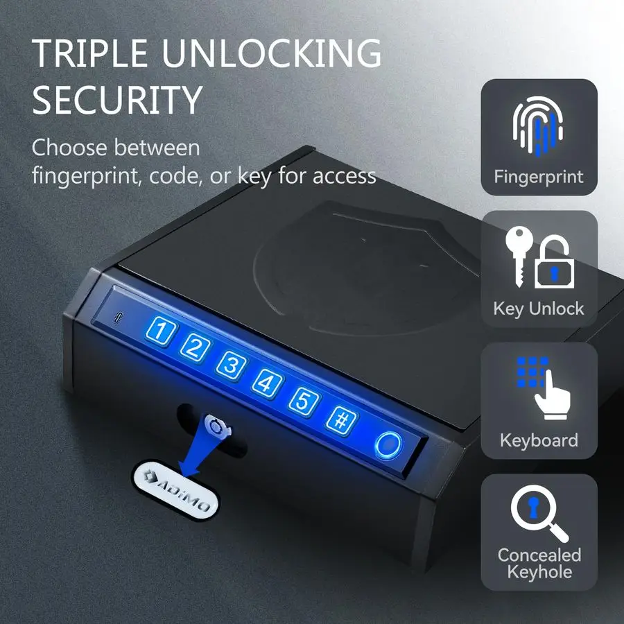 صندوق قفل المسدس البيومتري، آمن لبصمات الأصابع مع تشغيل هادئ، لوحة مفاتيح رقمية، احتياطية للمفتاح اليدوي، حشوة إسفنجية داخلية