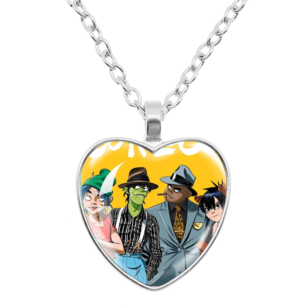 Virtual Band Gorillaz 2-D Murdoc Noodle Russel Glass Heart Pendant Necklace Virtual Singer Jewelry Accessories Fans Gift