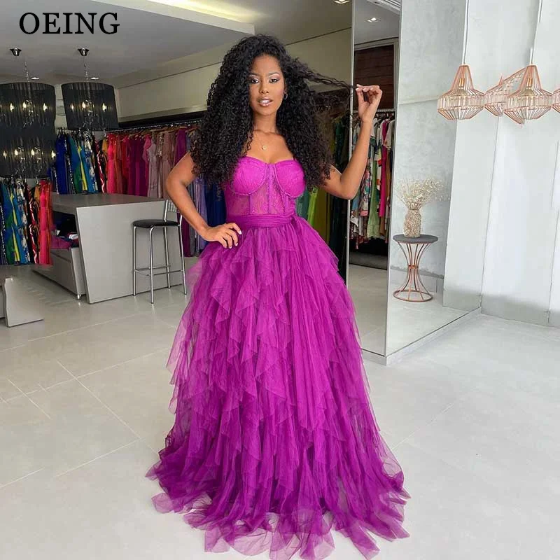 

OEING Purple A Line Tulle Prom Dresses Sweetheart Spaghetti Strap Evening Floor Length Formal Party Dress Vestido De Fiesta