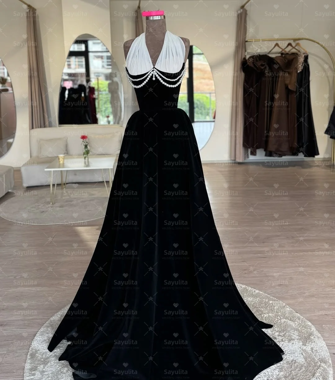 Sayulita Real Images Prom Dresses with Beading Halter V Neck Evening Gowns Long Ruched Wedding Party Dress Customized
