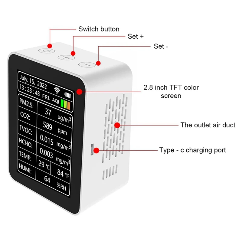 ELEC-Tuya Wifi 7 في 1 كاشف جودة الهواء الذكي PM2.5 CO2 TVOC HCHO كاشف درجة الحرارة والرطوبة AQI
