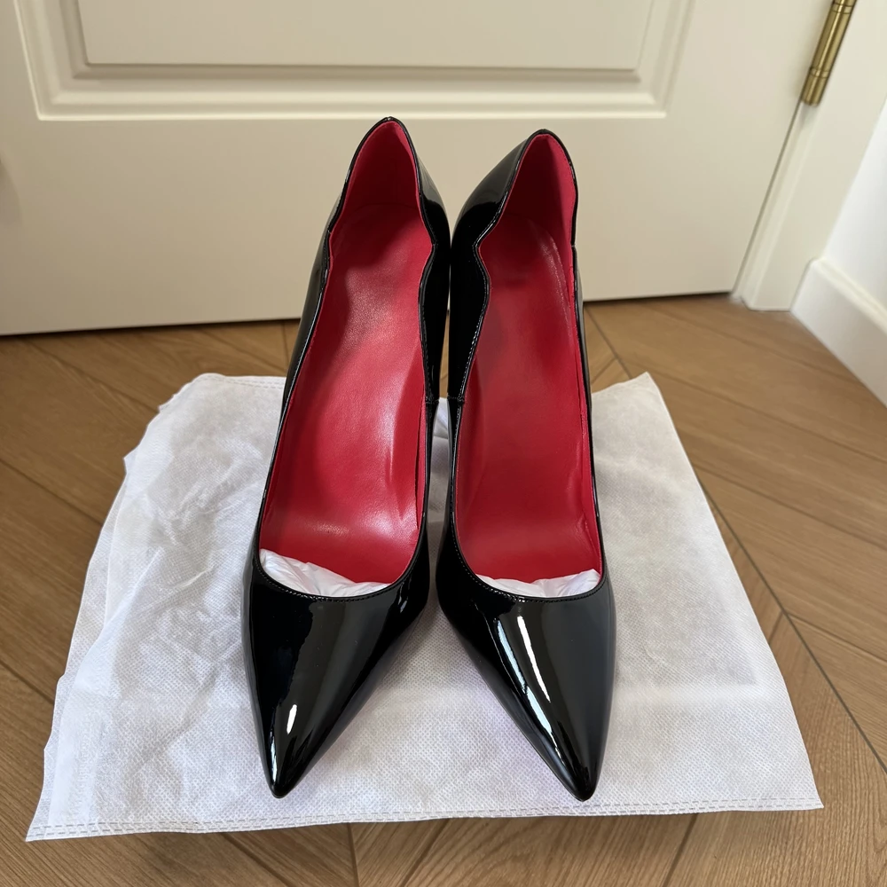 Veowalk Women's 12cm Stiletto Heels V Cut Pointed Toe Black Patent Pumps Sexy Evening Club Party Wedding Dress Shoes Plus Size view 3