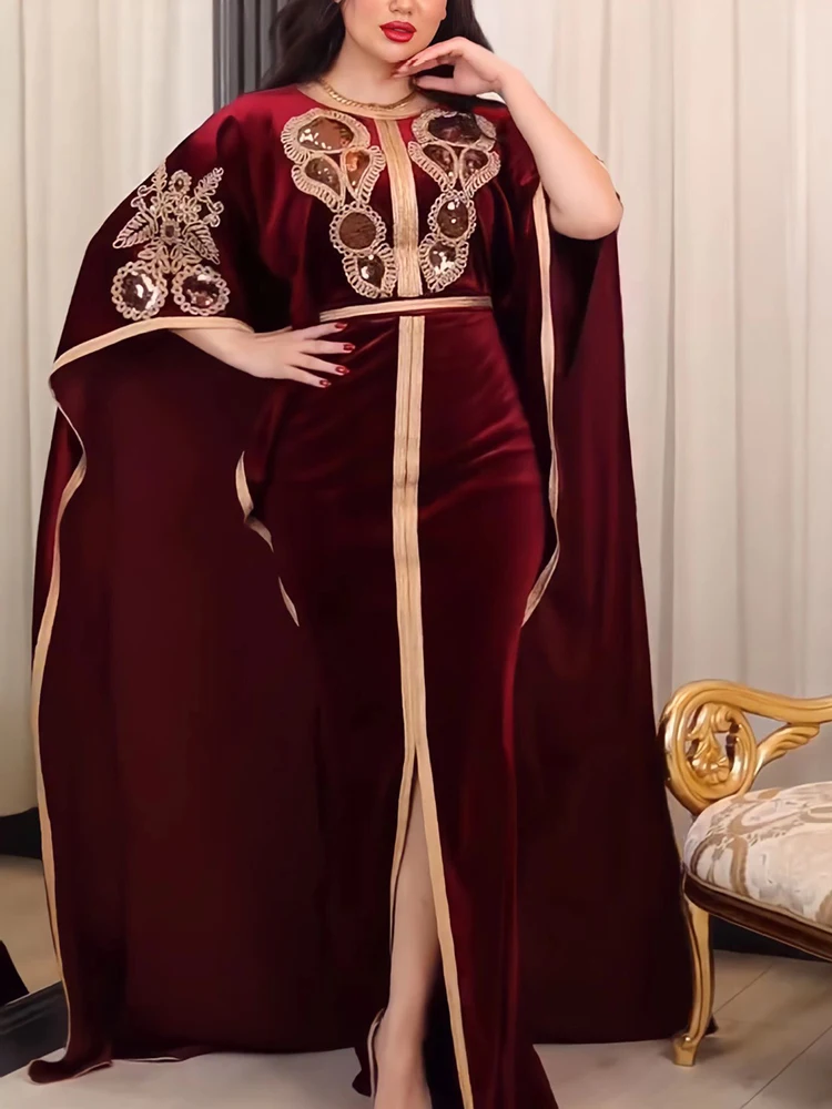 Muslim Luxury Abayas for Women Embroidery Velvet Long Sleeve Dresses Dubai Turkey Wedding Party Kaftan Robe Islamic Clothing