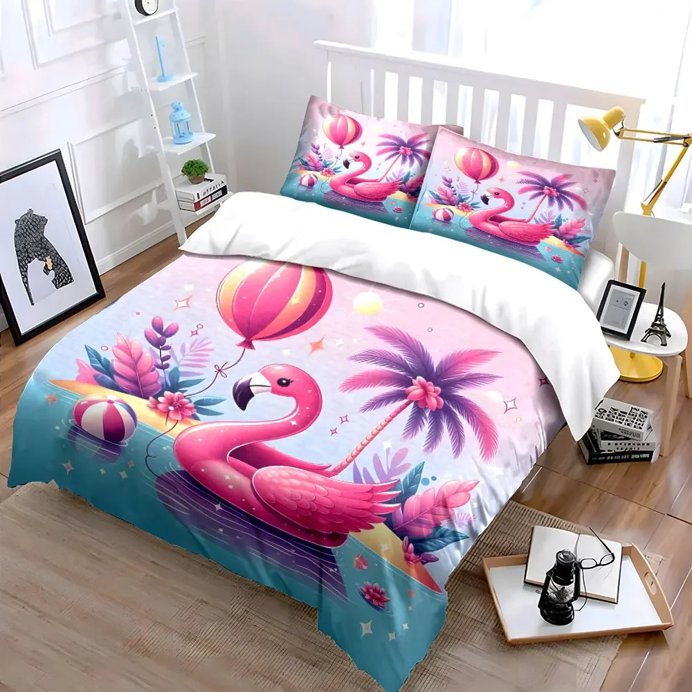 3Pcs Cute Flamingo Float Bedding Set, Pink Flamingo with Balloon & Palm Tree Print Duvet Cover + 2 Pillowcases, gift for kids