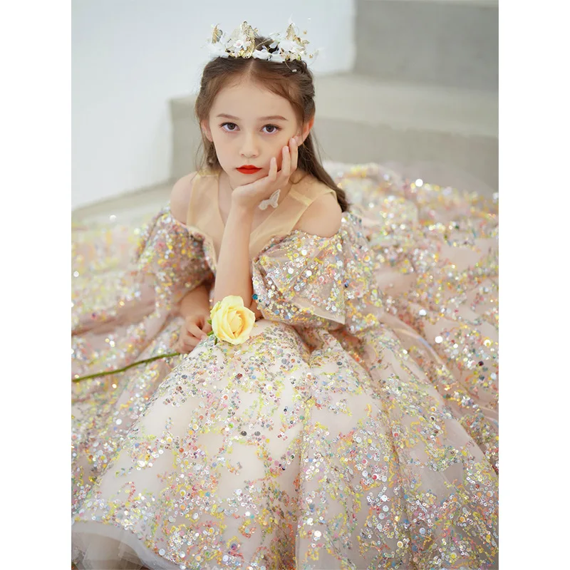 High Quality Baby Frock Designs Boutique Sequined Flare Sleeve Flower Girl\'s Gown Western Style For Kids Evening Party Dress