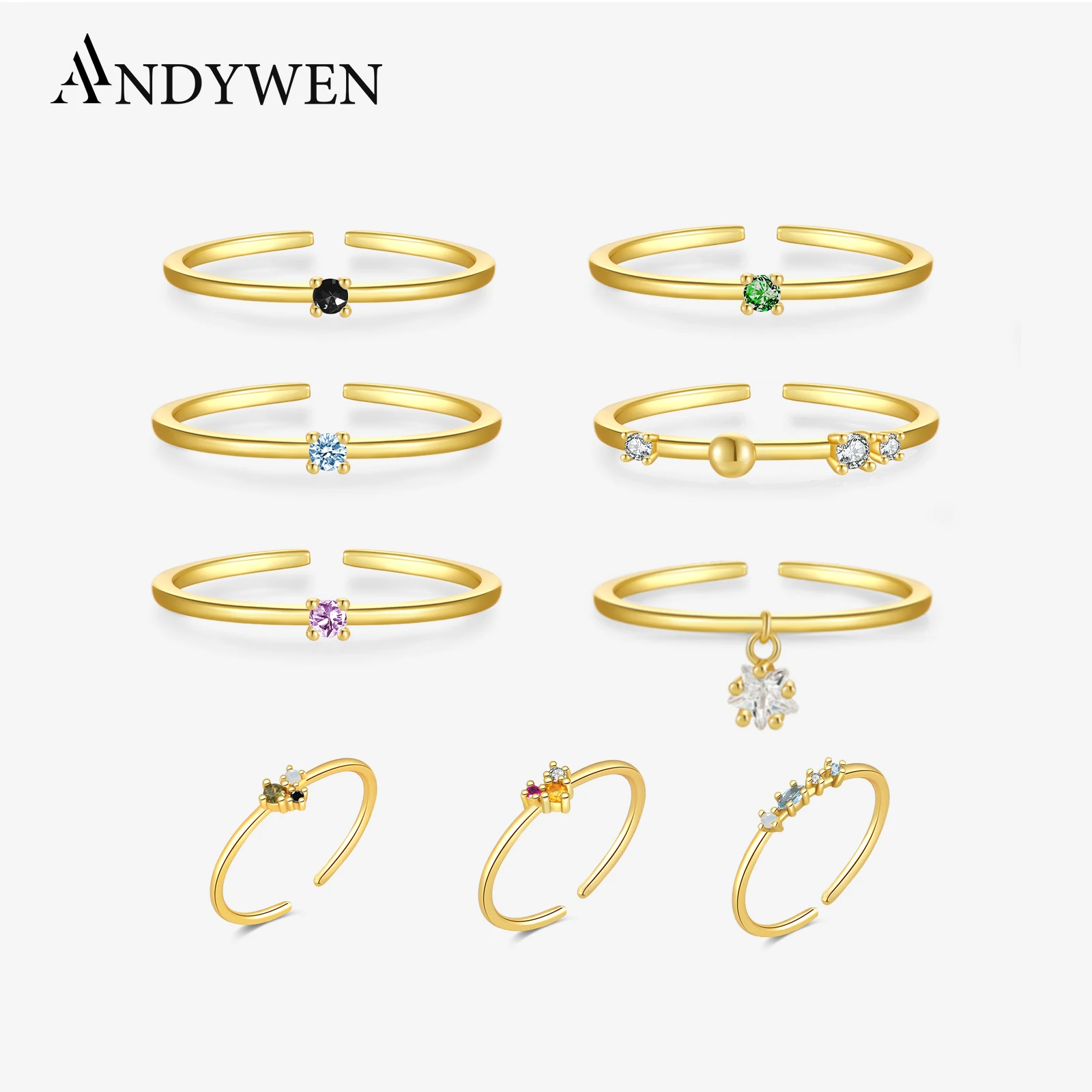 ANDYWEN 925 Sterling Silver Zircon CZ Colorful Resizable Rings Summer Collection Rainbow Luxury Slim Circle Jewelry For Party