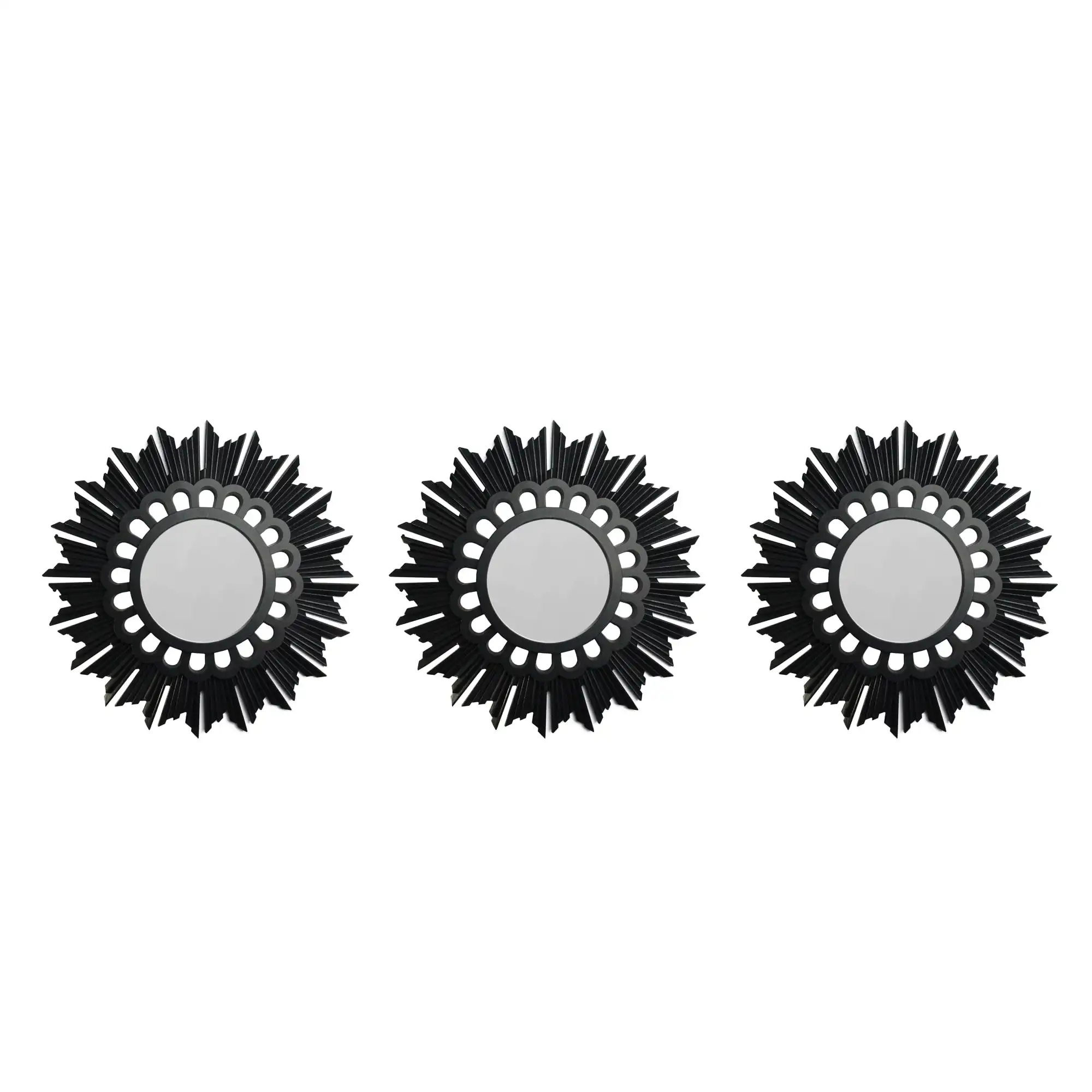 Set of 3 Sunburst Inspired Black Round Mirrors 9.5