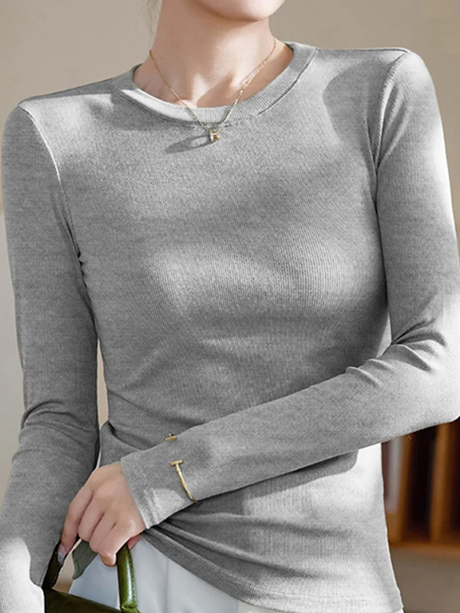 Women Solid Color Long Sleeve Base Layer Blouse Polyester Soft Casual Knit Undershirt for Autumn Winter Commuting Dating