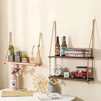 Wooden Floating Shelves for Wall Plant Flower Wood Swing Hanging Rope Storage Home Living Room Decor 1/2/3-tier 3