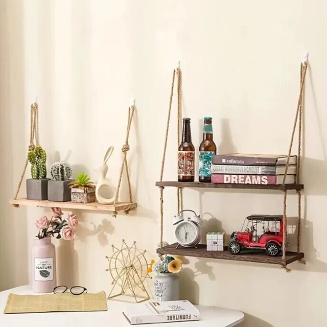 Wooden Floating Shelves for Wall Plant Flower Wood Swing Hanging Rope Storage Home Living Room Decor 1/2/3-tier 3