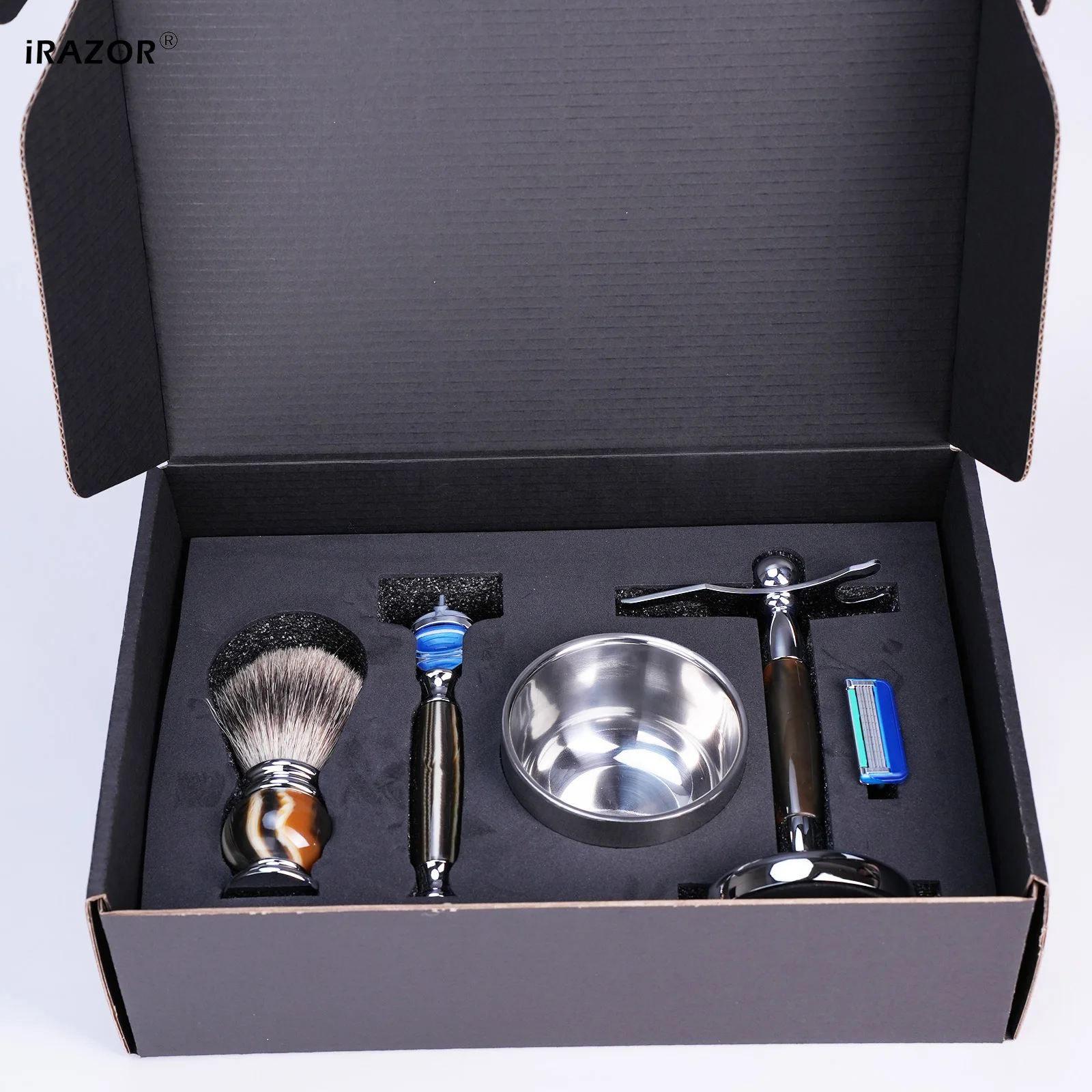 iRAZOR Luxury 5-Blade Razor Shaving Kit for Men Fusion 5 Compatible Cartridge Silvertip Shave Brush Bowl Grooming Tool Gift
